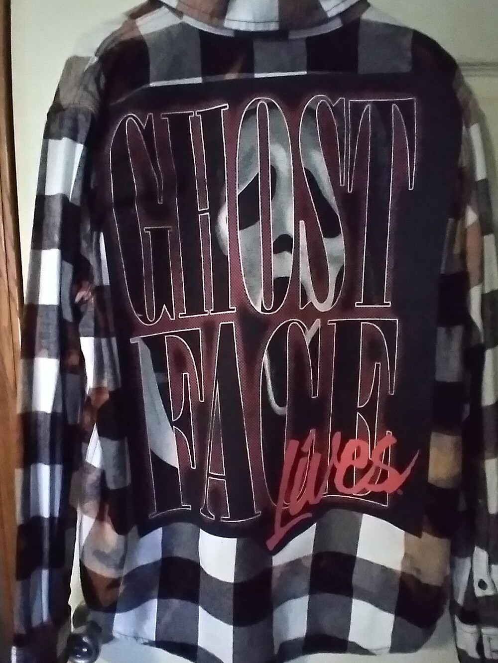 Upcycled Bleached Flannel Shirt W/ Custom GHOSTFACE back Patch